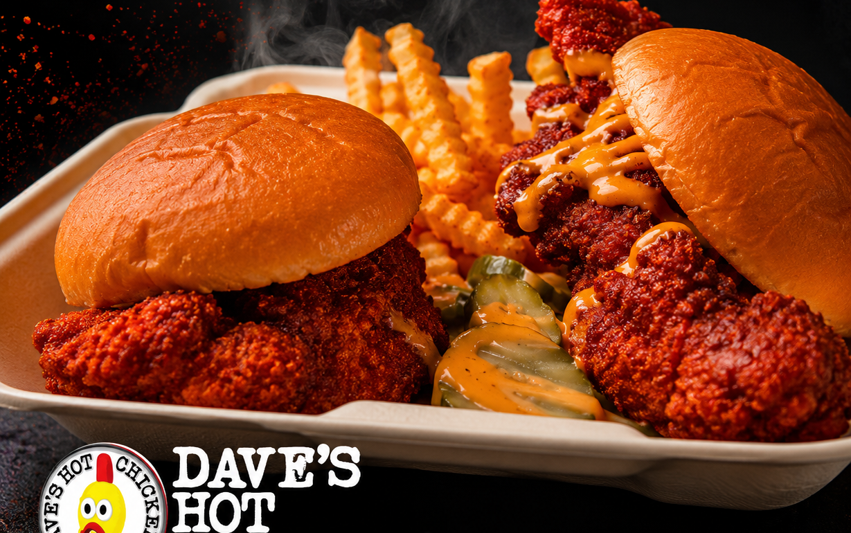 Dave's Hot Chicken branded ad with steaming hot chicken sandwiches