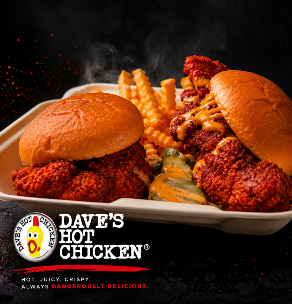 Dave's Hot Chicken branded ad with steaming hot chicken sandwiches