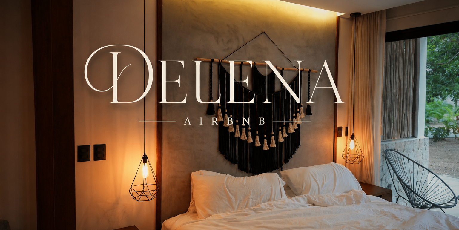 Delena Airbnb luxury bedroom with warm lighting and macrame wall art