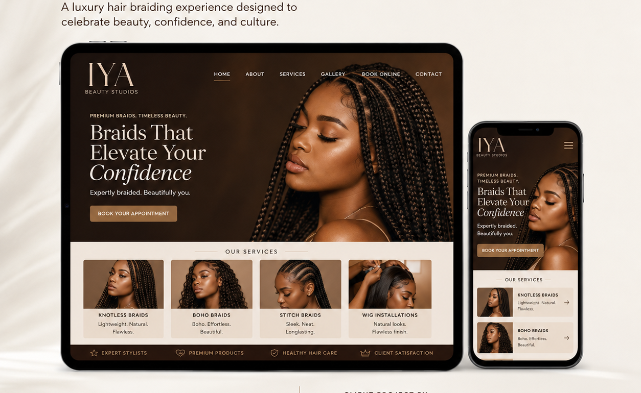 IYA Beauty Studios custom website design flyer with desktop and mobile mockup
