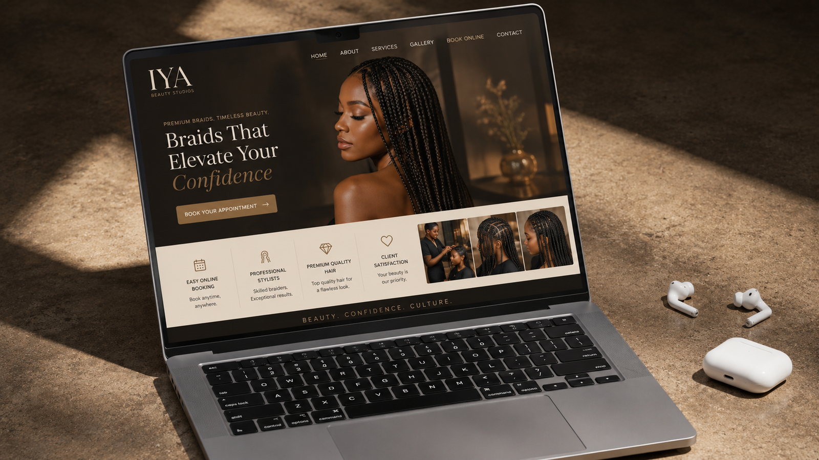 IYA Beauty Studios website mockup on MacBook